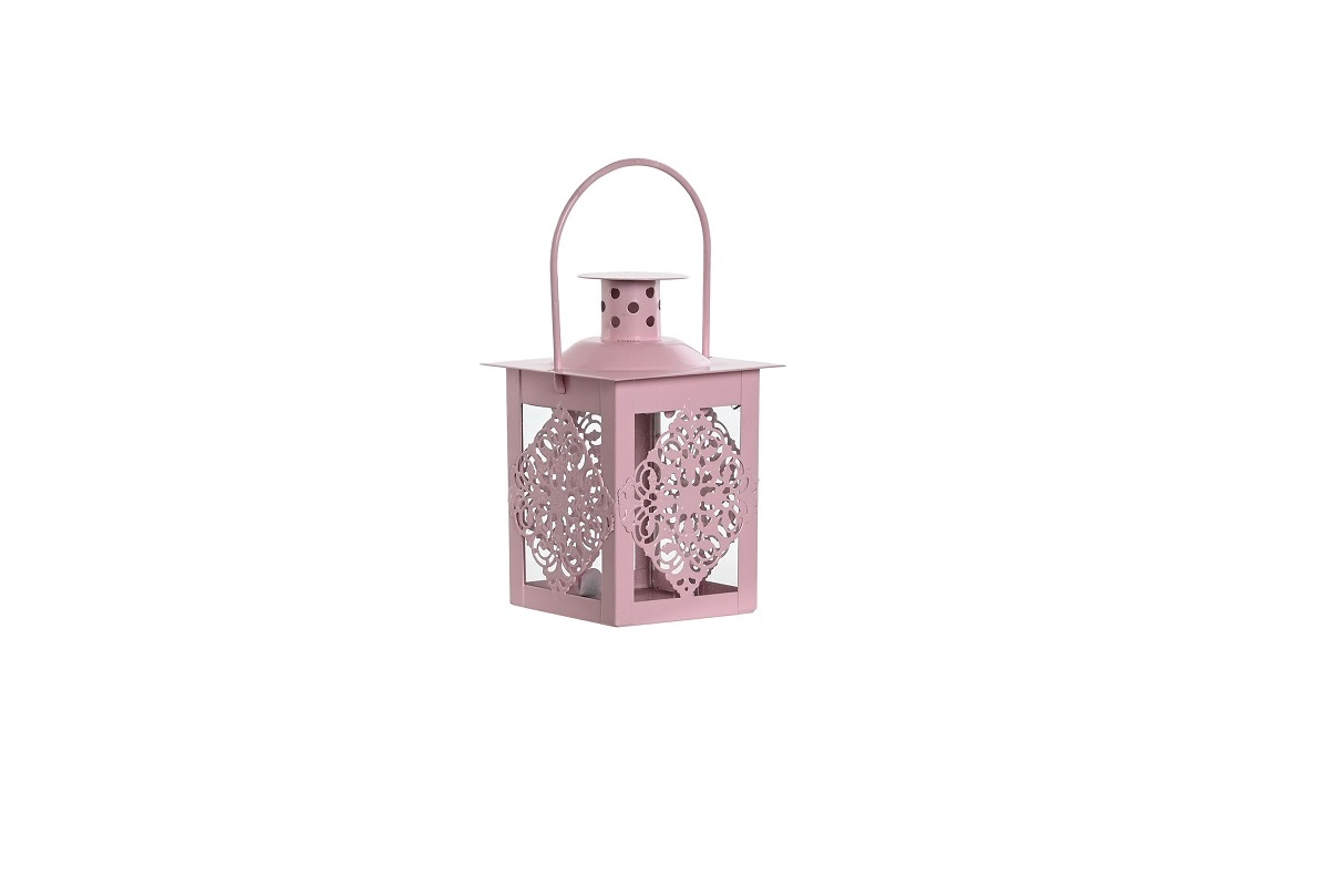 FAROLA HIERRO CRISTAL 8X8X12CM ROSA